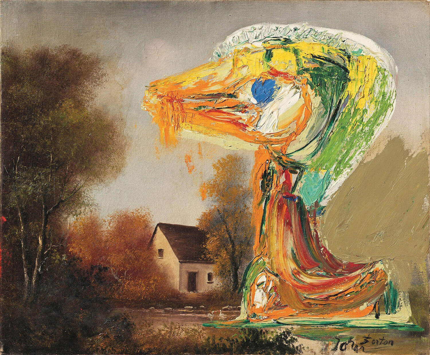 Asger Jorn:  DEN FORUROLIGENDE ÆLLING, 1959 Olie på lærred (malet oven på ældre billede) 53 x 64,5 cm